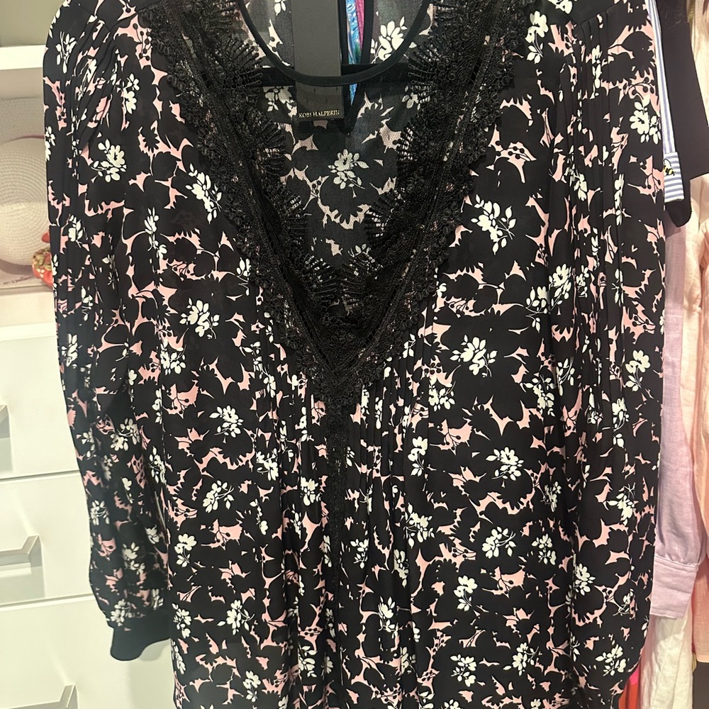 Kobi Halperin Black and Pink Floral Blouse